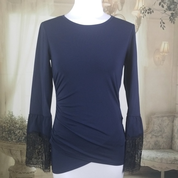 Kobi Halperin Miley Blouse Lace Trim Sleeves Navy - Picture 2 of 3